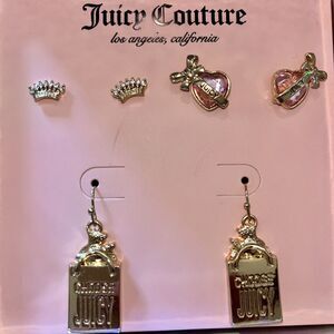 Juicy Couture Bows Crown Heart CHOOSE JUICY Earrings Set Of 3 JC Dangle Gold NEW